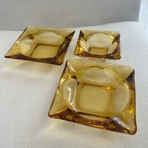 Vintage Moroccan Square Amber Glass ashtrays set of 3